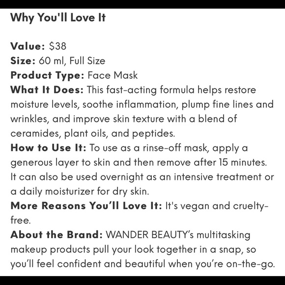 Wander Beauty Hydration Mask
Brand New and Unopened in box! - Picture 2 of 2